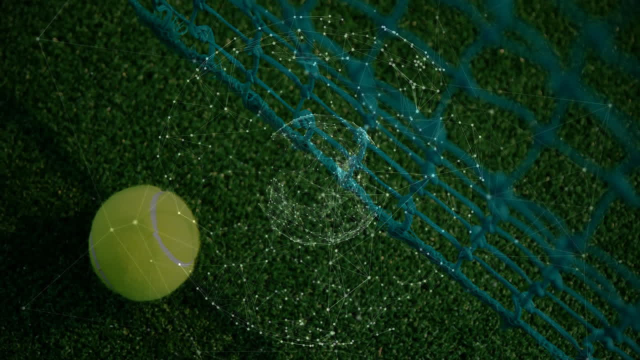 Tennis ball showing digital network overlay in 3D on green artificial grass court beside teal net
