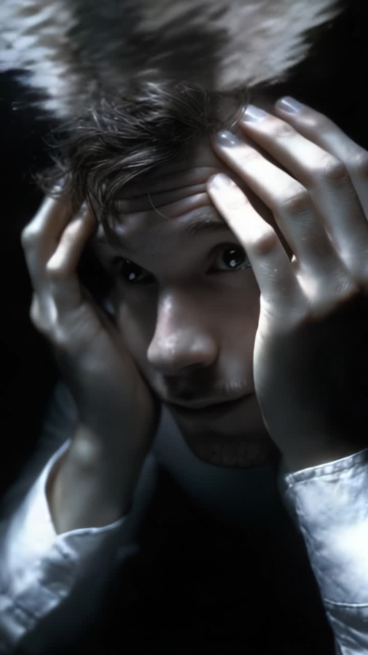 A Distressed Individual with Hands on Head, Struggling Beneath the Water's Surface, Capturing an Emotional Moment of Vulnerability and Desperation in Dark Serenity