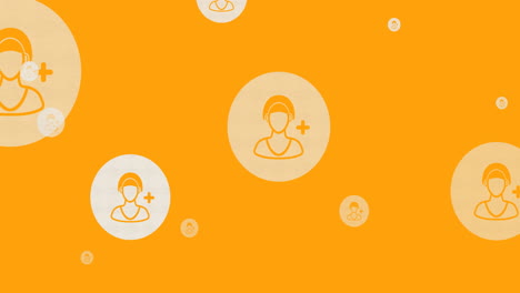 animación de iconos de personas blancas en línea que se mueven sobre un fondo naranja