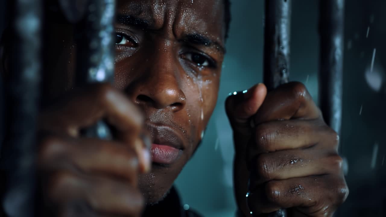 Rain slicks dark bars as hands grip tightly. Young man's face shows sorrow, eyes glistening with tears. He stares through the bars, his expression heavy with longing
