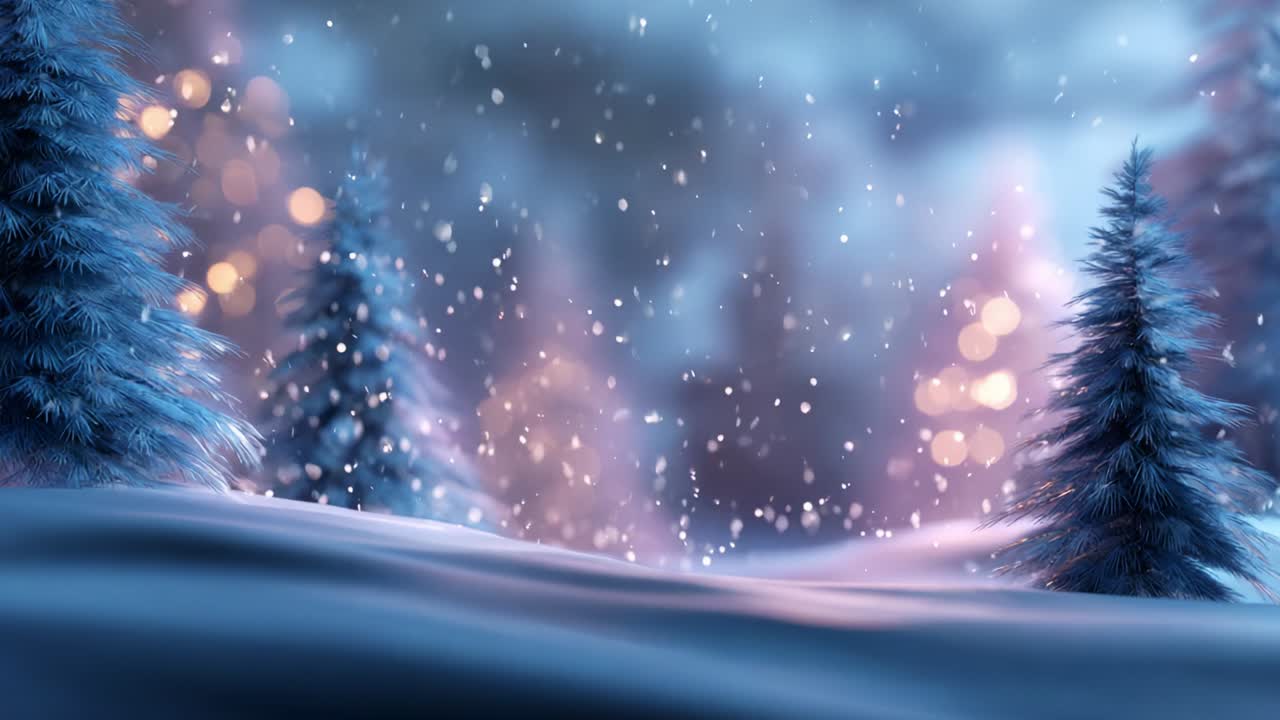 Enchanting Winter Wonderland: A Serene Scene of Snow-Covered Trees Under Soft Falling Snowflakes, Illuminated by Gentle Bokeh Lights Creating a Magical Atmosphere in Frosty Nature's Embrace