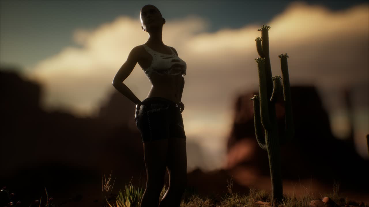 mulher de camisa rasgada de pé ao lado de um cacto no deserto ao pôr do sol