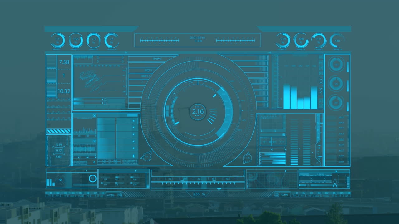 Animation of graphical interface screen representing scanning and analyzing of data over buildings