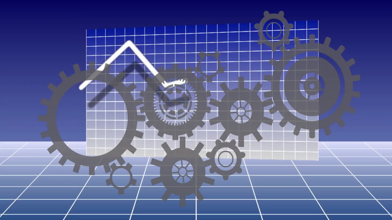 애니메이션 기어 및 그리드 배경 위의 그래프