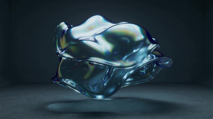 Floating translucent object reacting to light, rotating, morphing in studio, showing iridescence