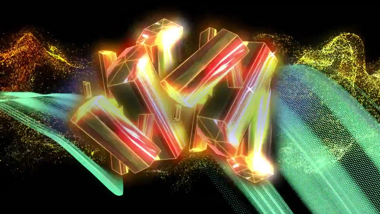 Animation of cluster of gold metallic shapes over green wave and yellow cloud on black background