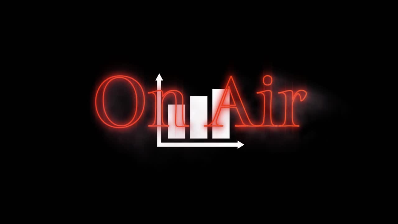 animación digital de neón naranja en el aire signo de texto sobre icono de gráfico de barras contra fondo negro