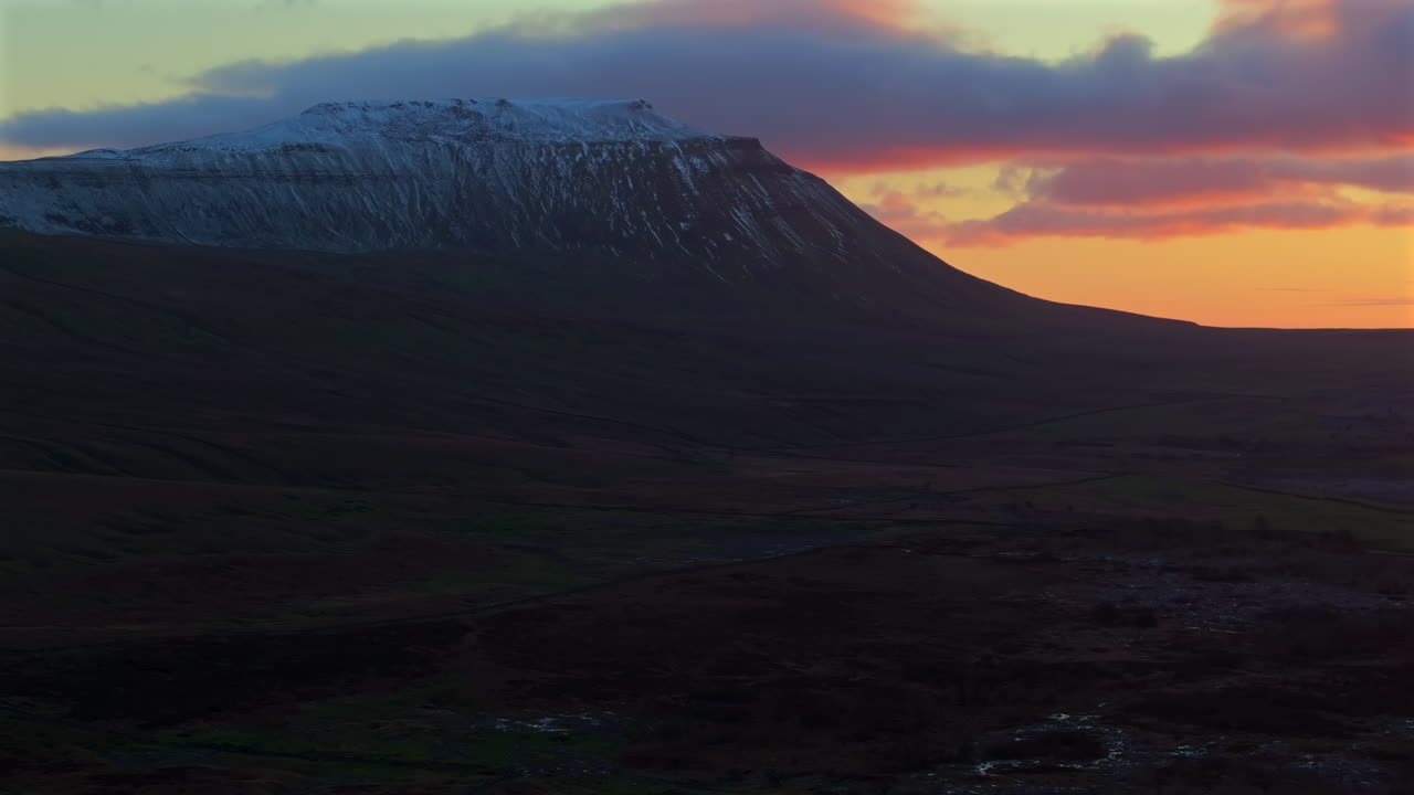 Low Light Establishing Drone Shot of Snowy Ingleborough at Sunset