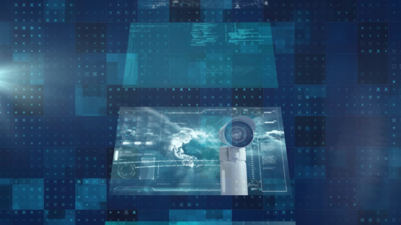 디지털 보안 카메라 영상 처리 데이터 애니메이션 파란색 그리드 배경