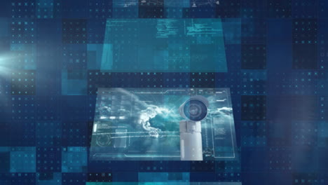 imágenes de cámaras de seguridad digital procesamiento de datos animación en fondo de cuadrícula azul