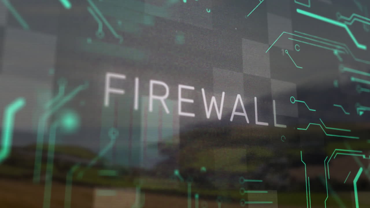 Animation of firewall text over digital landscape with pixelated effect and binary code