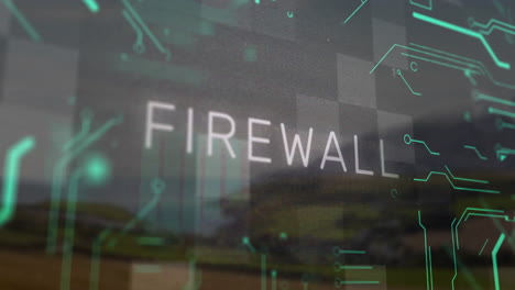 animation of firewall text over digital landscape with pixelated effect and binary code