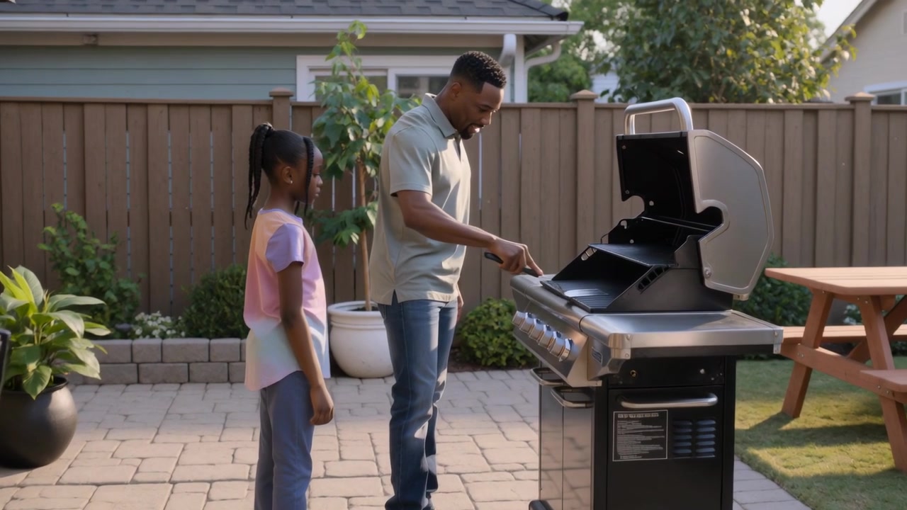 Inspecting grill lid opening, father in polo and jeans guiding daughter on patio, holding spatula