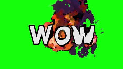una animación de dibujos animados con una forma de explosión. palabra: wow, fondo verde