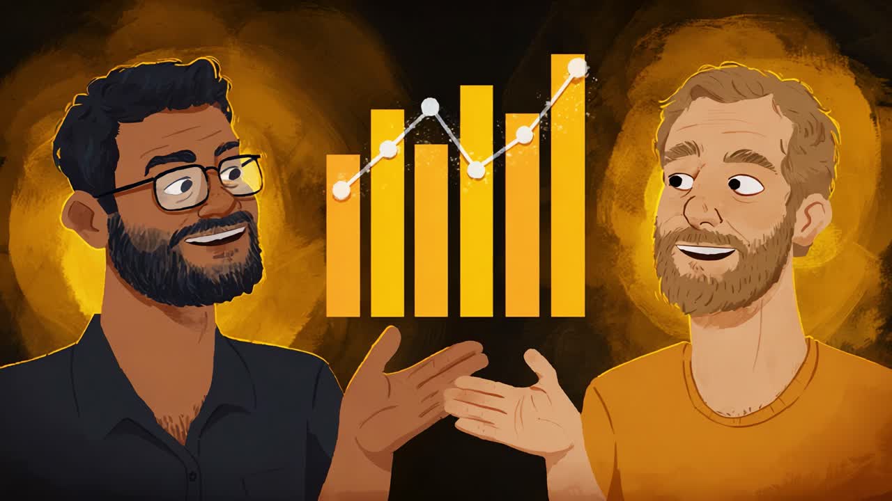 Two animated characters engaging in a lively discussion about growth metrics, trend analysis, and data visualization, symbolizing collaboration and insights in analytics