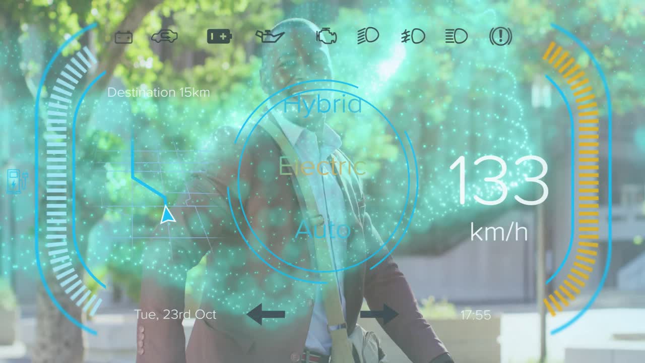 자전거를 타고  ⁇ 고 있는 아프리카계 미국인 사업가에 대한 데이터 처리 애니메이션