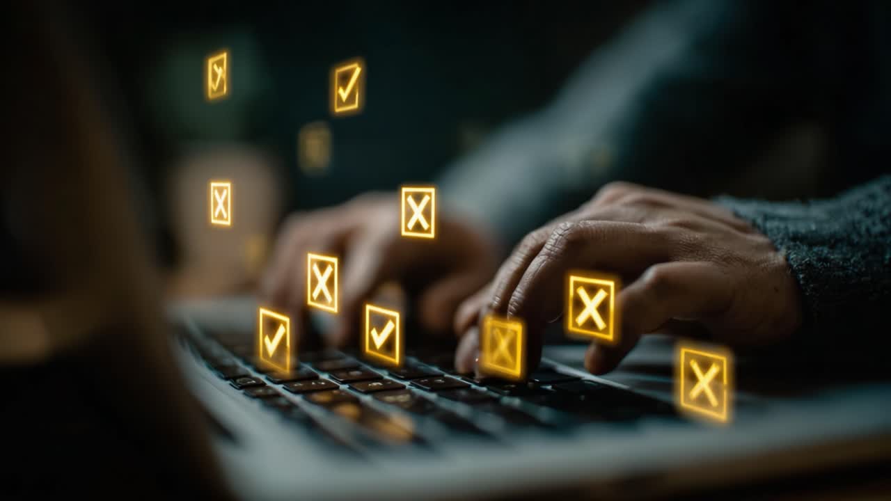 Una scena focalizzata di mani che digitano su un laptop circondato da icone di caselle di controllo digitali che rappresentano attività e selezioni in un ambiente di lavoro moderno