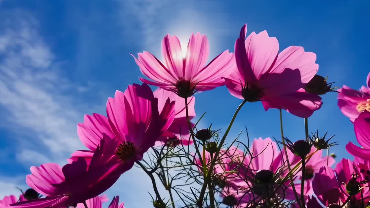 Video en ángulo bajo de flores rosas contra un cielo azul brillante con el sol radiante