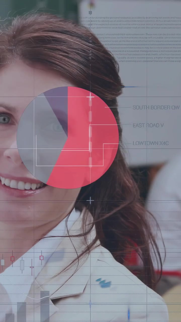 Vertical video: Woman turning to smile as HUD overlays sweeping face, showing tech percentages