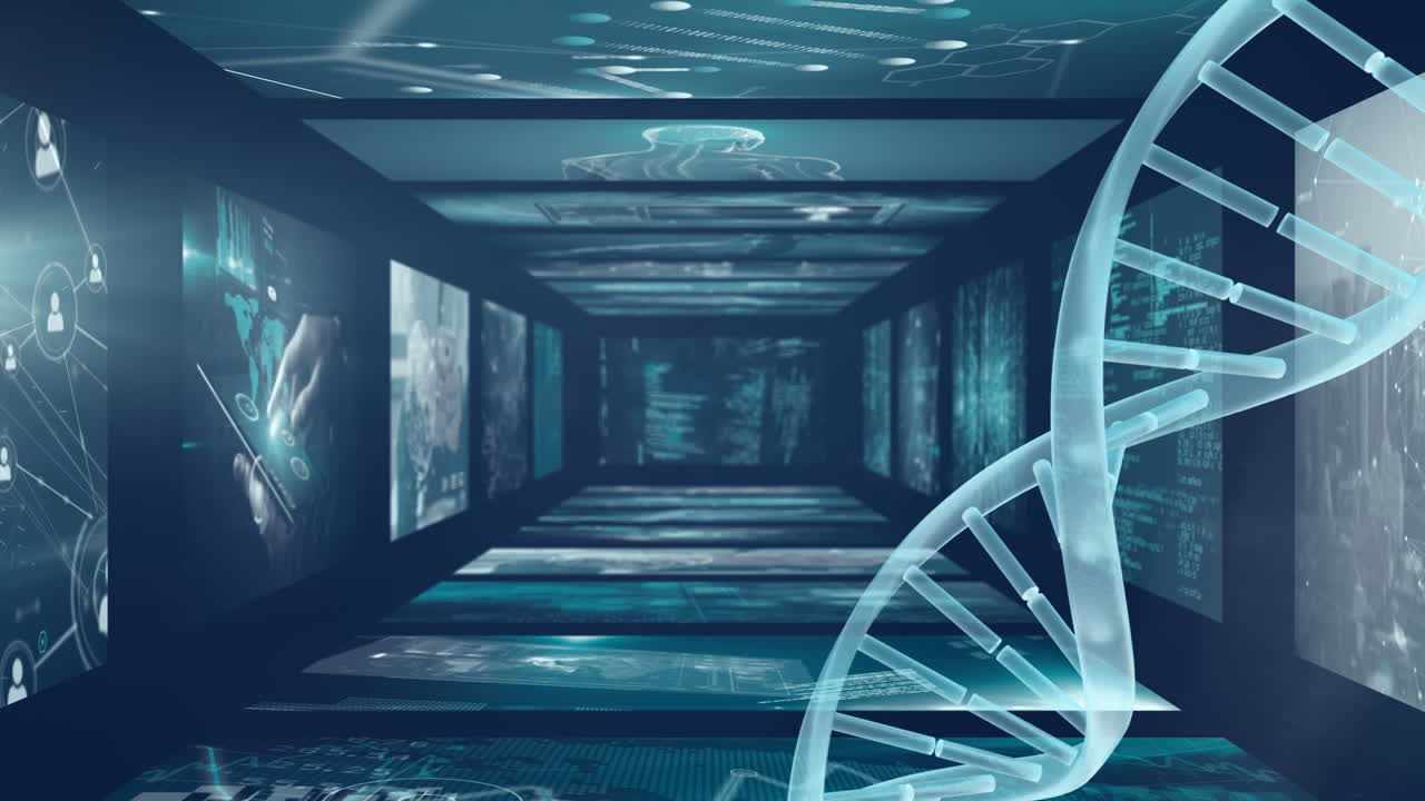 파란색 배경 위에 회전하는 dna의 애니메이션과 화면의 데이터 처리