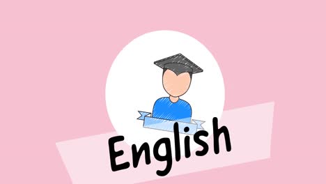 animation of english text over school digital icon on pink background