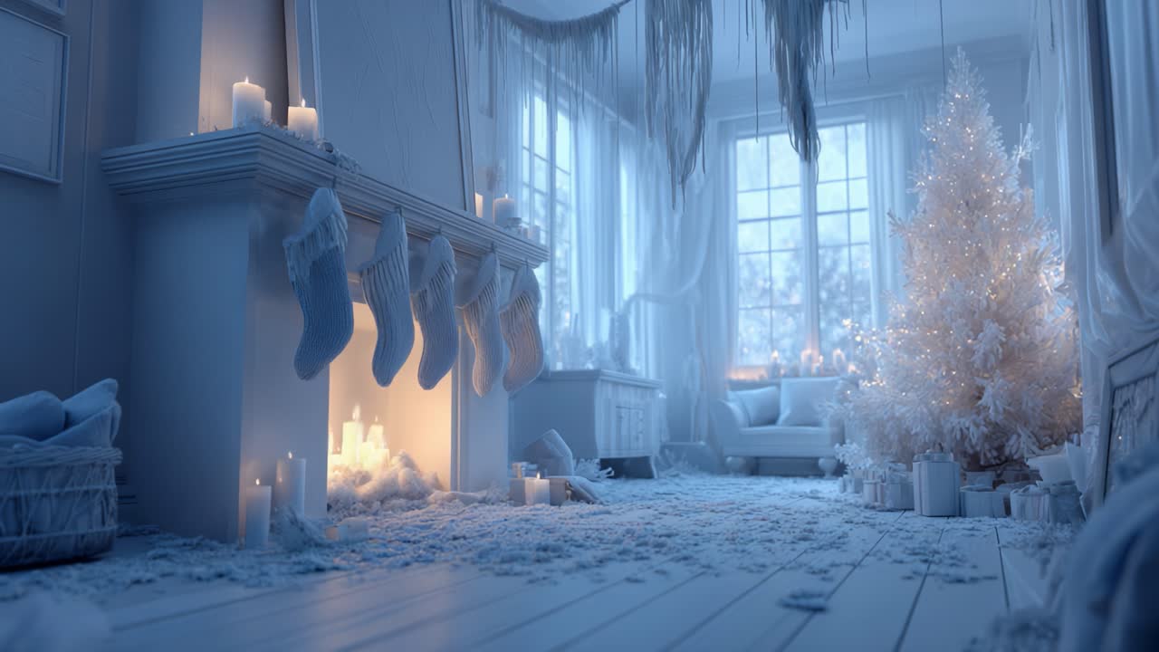 A Cozy Winter Wonderland: A Captivating Scene of a Frosty Living Room Filled with Soft Textures, Twinkling Lights, and the Warm Glow of a Fireplace During the Holiday Season