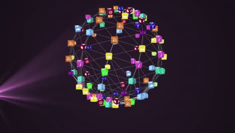 animación de una red de conexiones que forman un globo giratorio con iconos que se mueven en un bucle sin costuras