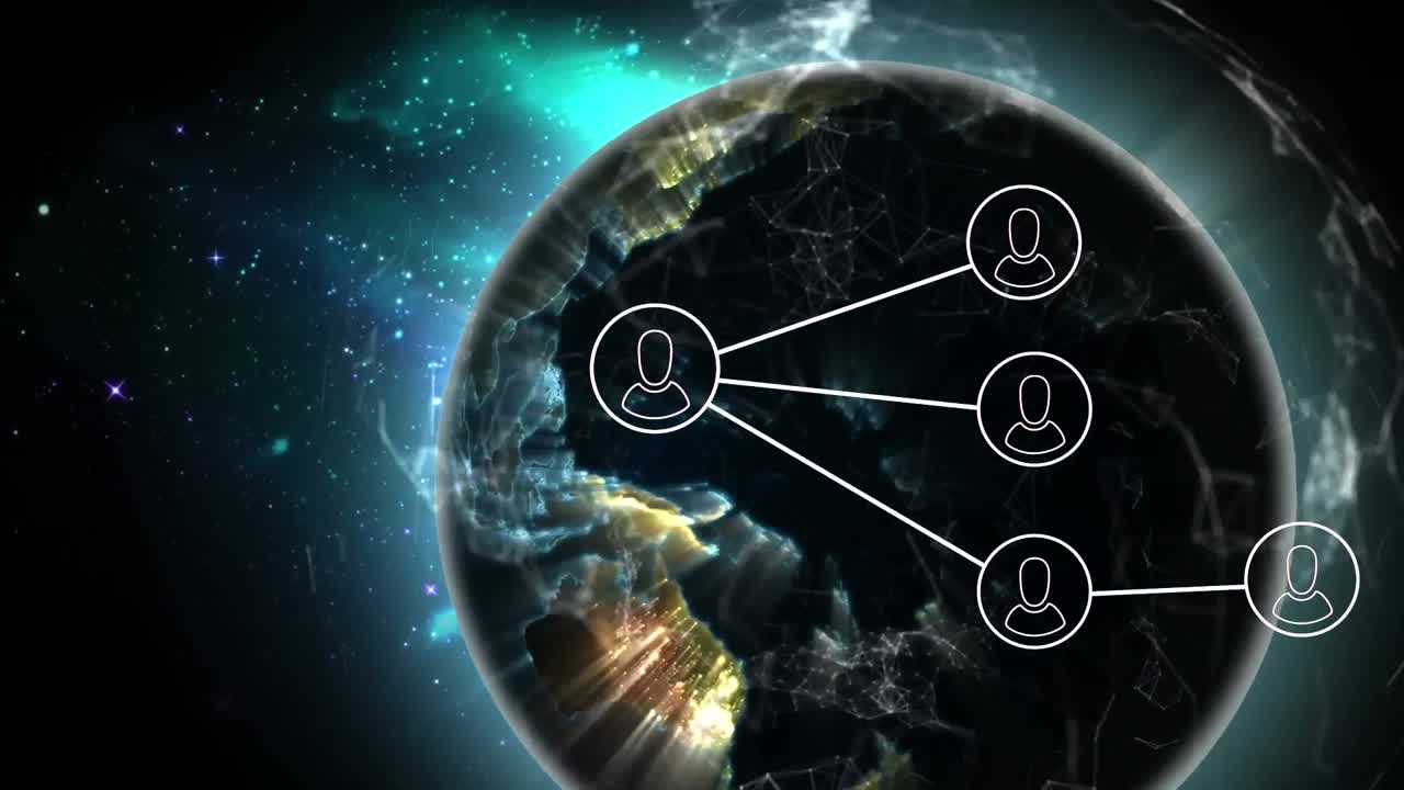 animación de una red de iconos de perfil sobre un globo giratorio contra el espacio