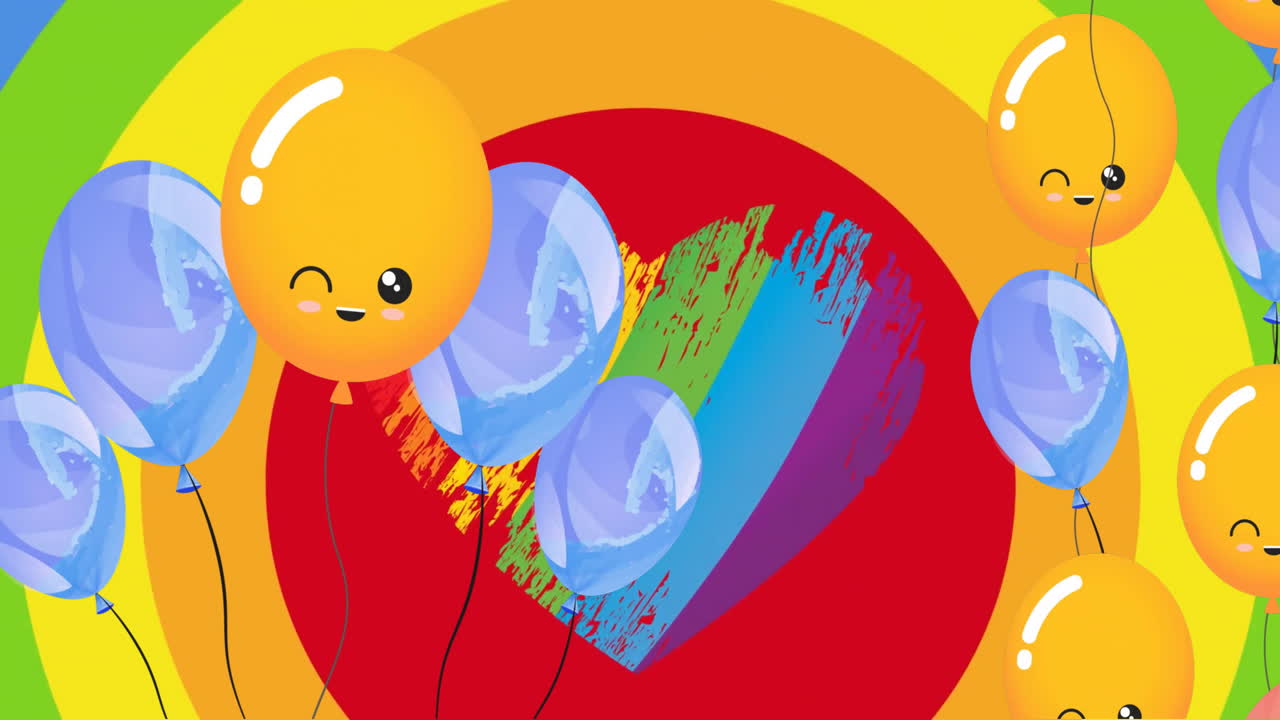 무지개 배경에 무지개 심장 위에 행복한 다채로운 풍선의 애니메이션