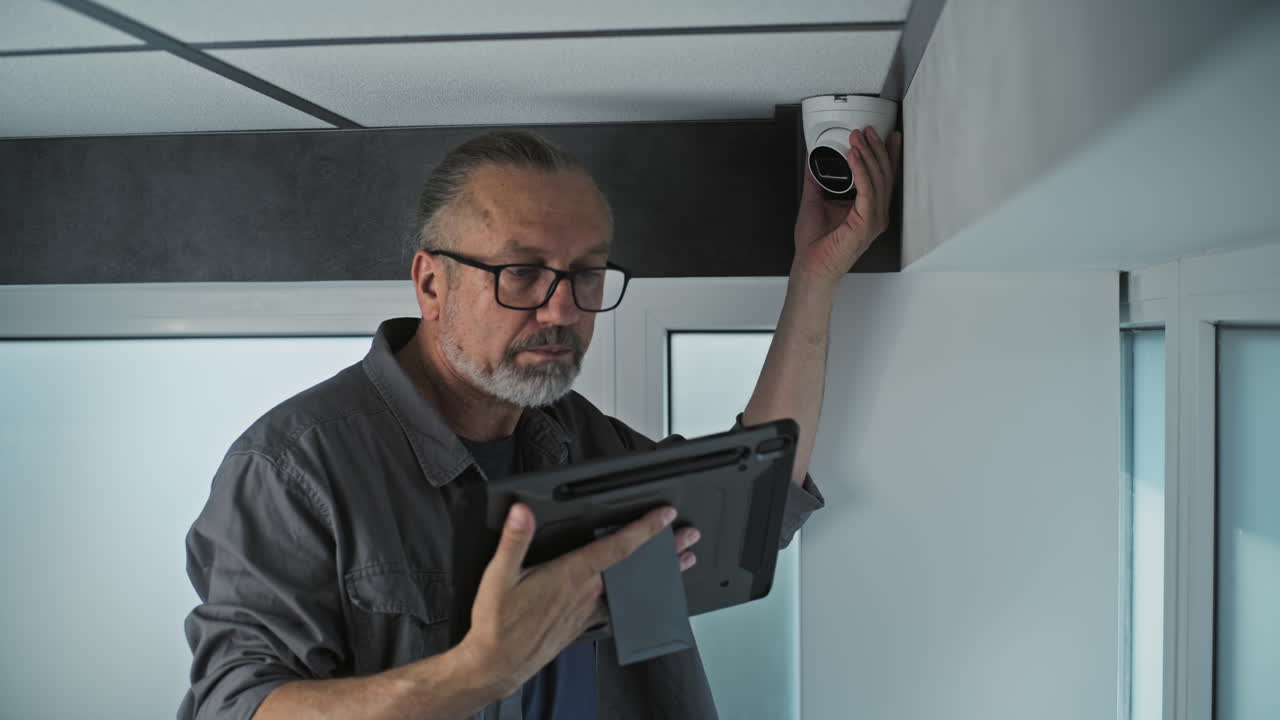 Technician installing a security camera