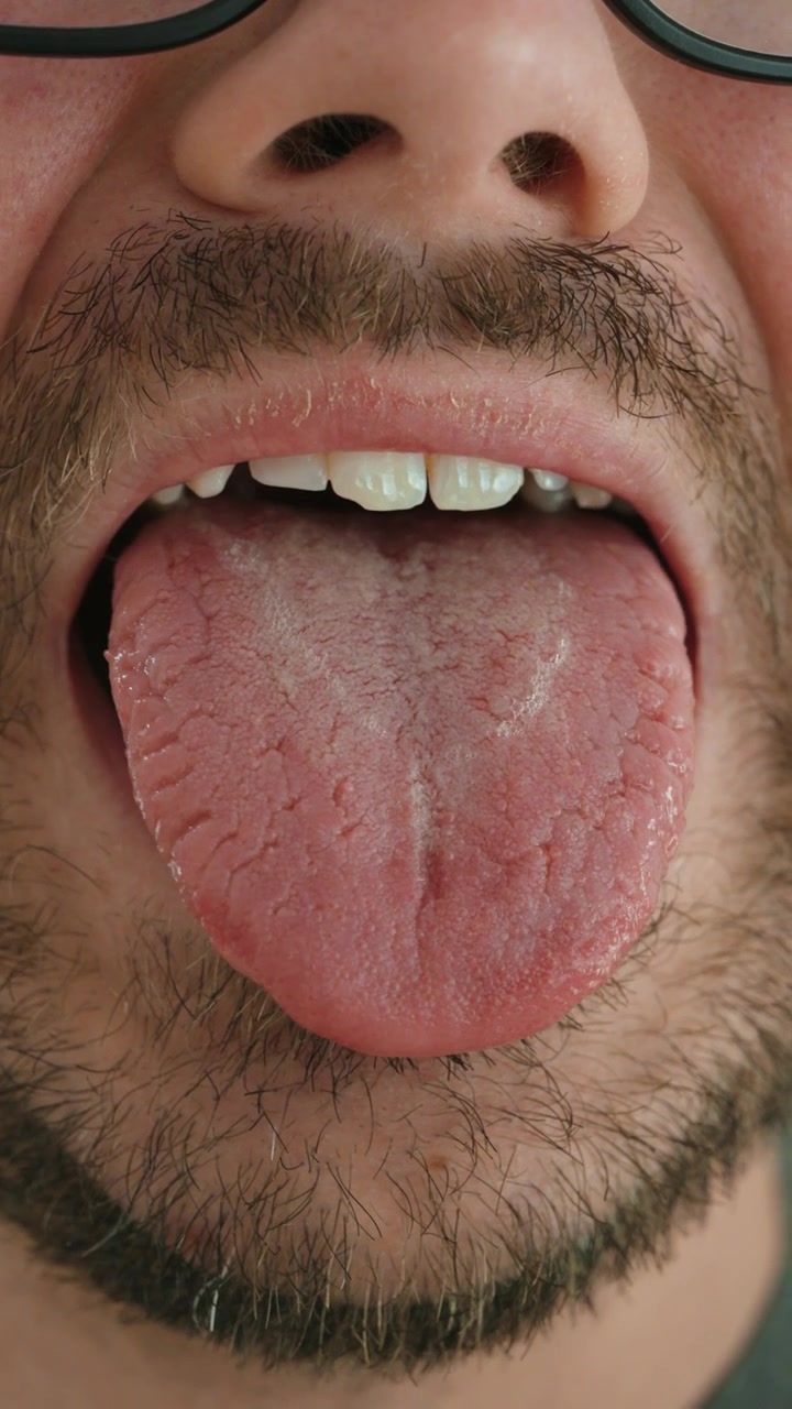 Close-up extremo de um homem mostrando a língua, exibindo a boca, saúde bucal, textura da língua, higiene dental e uma expressão facial engraçada