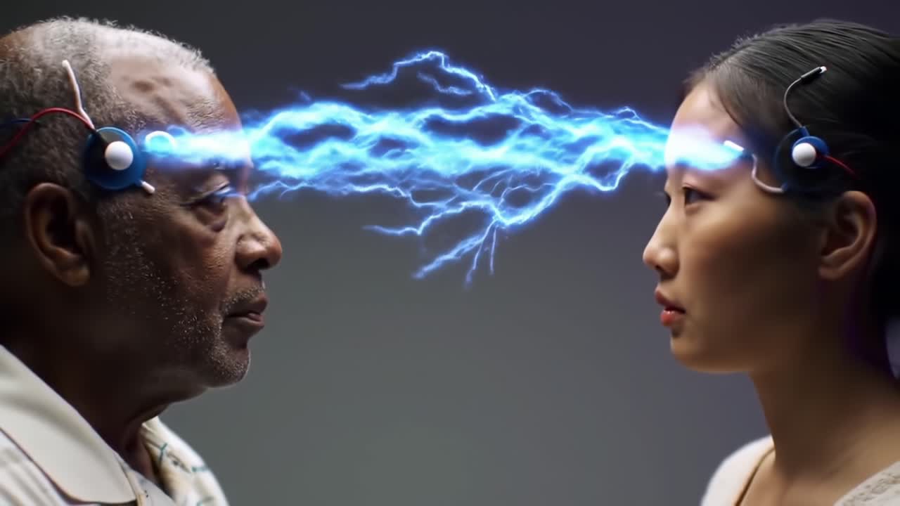 A Powerful Brainwave Connection: Two Individuals Engaging in a Mind Meld Through Electric Energy Pulses, Exploring Telepathic Communication and Shared Consciousness