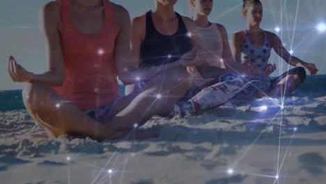 animation of data processing over group of female friends practicing yoga, meditating at the beach