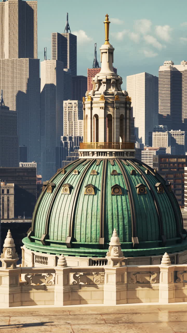 una ciudad futurista con un gran edificio de cúpula