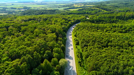 Cars move by the highway crossing the lush green forest. Beautiful nature landscape from aerial view.