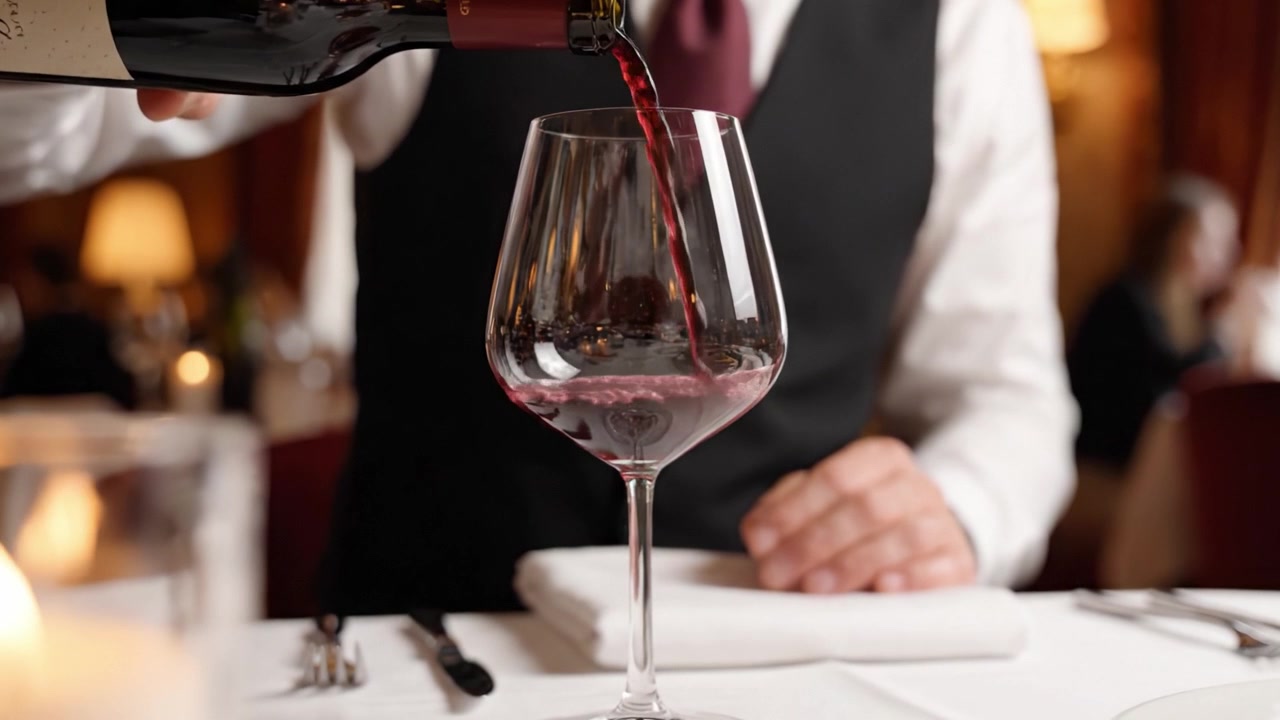Elegante wijnservice in een fine dining restaurant: een ober schenkt een rijke rode wijn in een kristallen glas, wat de essentie van verfijning en culinaire excellentie vastlegt.