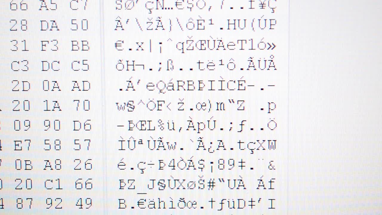 Code binary on the monitor. Shooting of the binary. Hexadecimal program code on screen. Animated background of moving binary code numbers