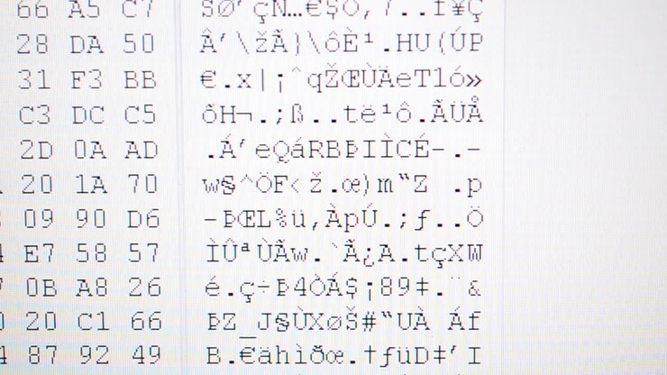 Code binary on the monitor. Shooting of the binary. Hexadecimal program code on screen. Animated background of moving binary code numbers