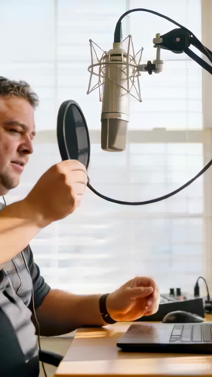 Vertical video: Reaching up host adjusting mic, moving pop filter for recording at home, copy space