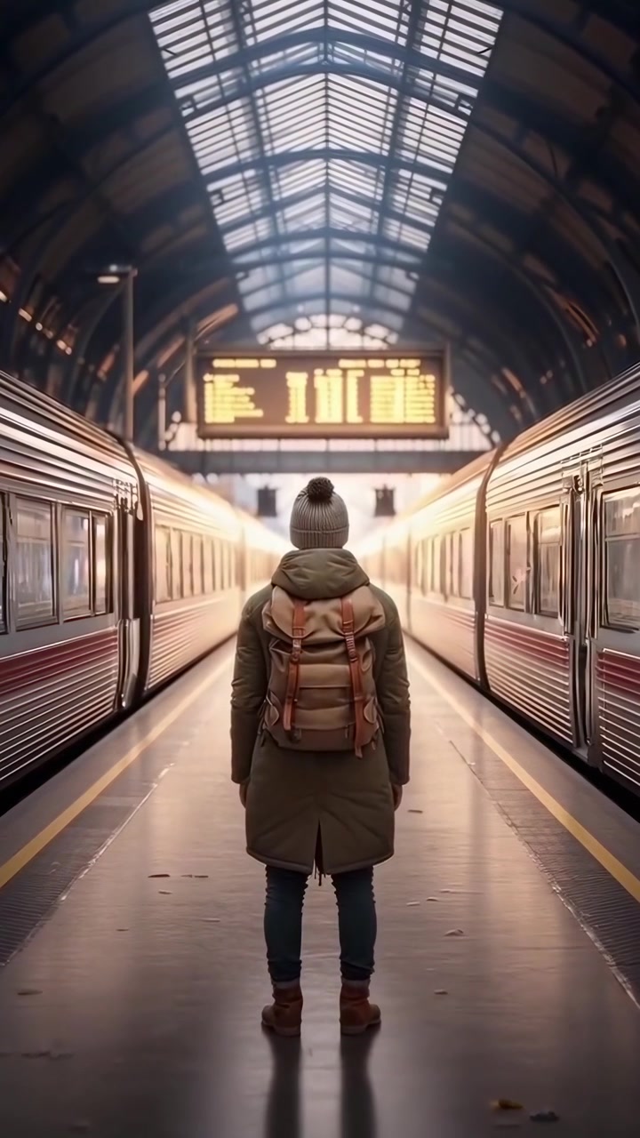 Traveler Standing on Train Station Platform Waiting for Departure