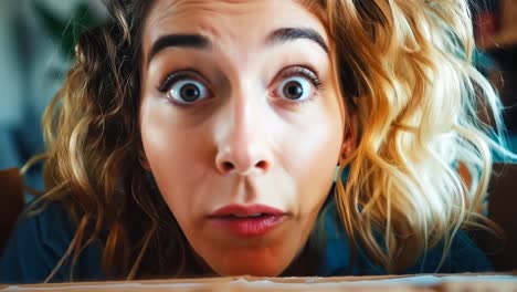 a woman looking at the camera through a cardboard box