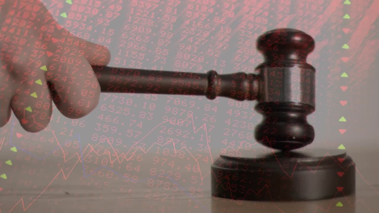 Animation of statistics and financial data processing over auctioneer's hammer