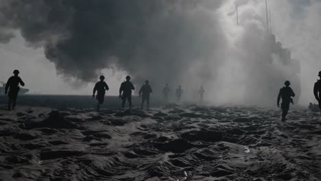 military troops advancing through smoke filled battlefield, navigating debris during intense combat operation with dramatic warfare imagery showcasing military conflict and strategic movement