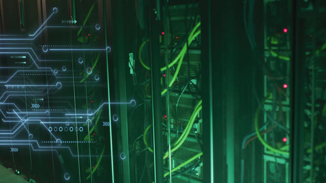 Animation of glowing motherboard over dark computer server room