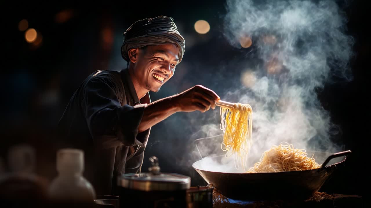 Uno chef esperto prepara con gioia un delizioso piatto di noodles fumanti in un'atmosfera vivace, mettendo in mostra l'arte culinaria tra il vapore vorticoso e l'illuminazione calda