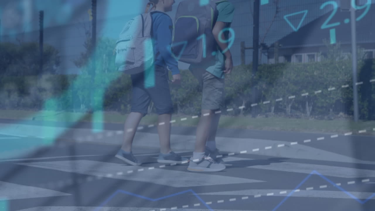 animación del procesamiento de datos del mercado de valores contra dos escolares diversos que cruzan la calle.