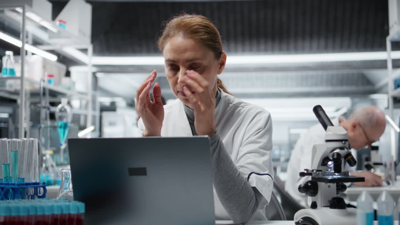 Esperto di laboratorio sofferente che si massaggia le tempie, accusando un mal di testa mentre lavora al laptop