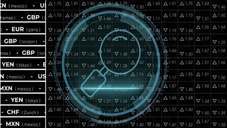 cyber security text over round scanner against stock market data processing on black background