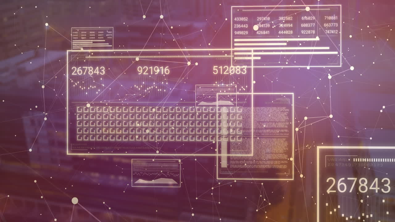 Digital data processing animation with numbers and graphs over abstract background
