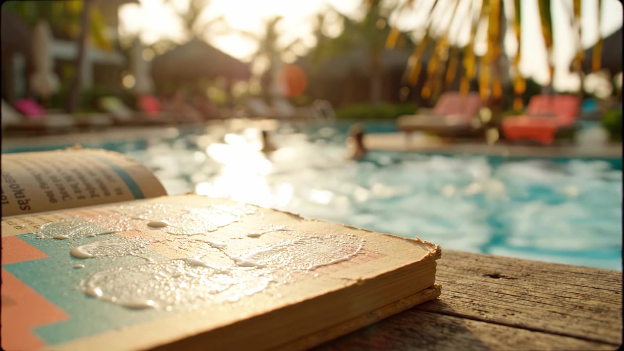 A Relaxing Day at the Pool: A Close-Up of a Book with Water Droplets in the Foreground, with Sunlight Creating a Dreamy Atmosphere Amidst the Poolside Ambiance